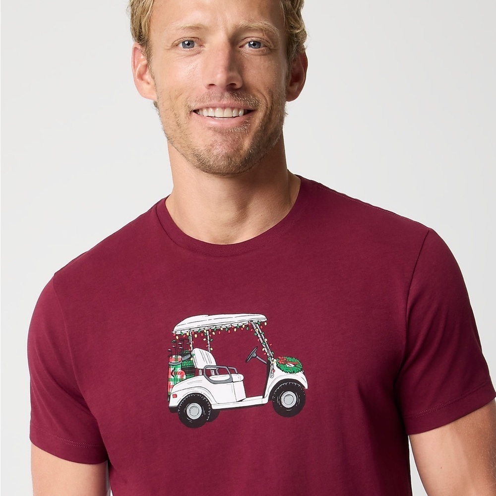J Crew Men's Maroon Graphic Christmas Golf cart T-Shirt XL still in packaging 🎄